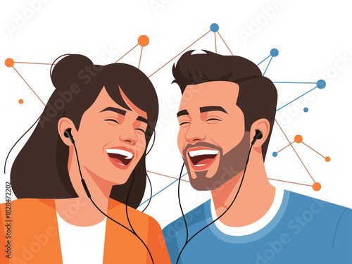 Two young adults laugh joyfully while listening to music with earbuds, connected by a network of lines. A vibrant, modern illustration.
