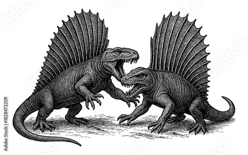 Two prehistoric creatures in detailed ink style with spikes in a dramatic face-off