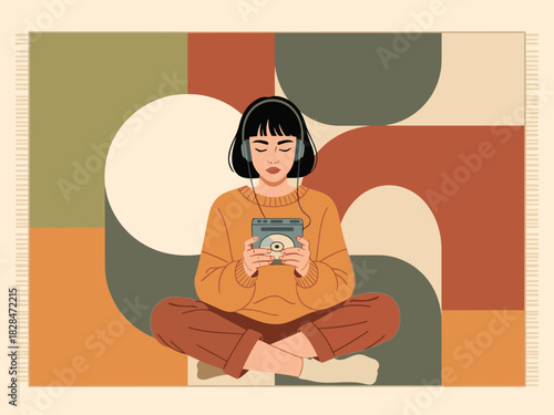 A young woman relaxes, listening to music with headphones while holding a vintage tape player. Bold geometric shapes create a modern, calming backdrop. Tune in now!