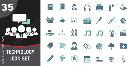 Technology Icon Set with Business Communication and Finance Related Symbols