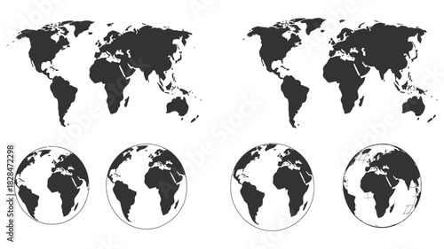 Abstract 3d globe icon with transparent earth globes featuring realistic world map template continents texture and shadow for educational scientific visualization vector illustration design concept.
