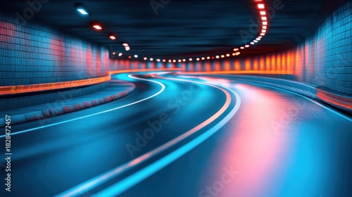 Fototapeta Naklejka Na Ścianę i Meble -  Winding tunnel road with vibrant lights