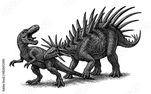 Retro engraving of dinosaur battle: t-rex vs stegosaurus in black and white