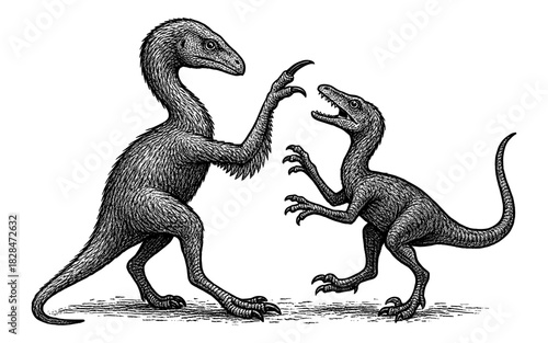 Hand-drawn velociraptors in dynamic combat stance