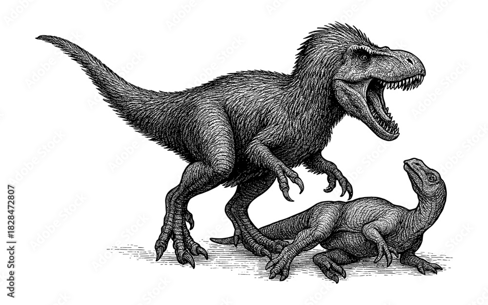 Obraz premium Detailed black and white dinosaur battle scene with roaring t-rex