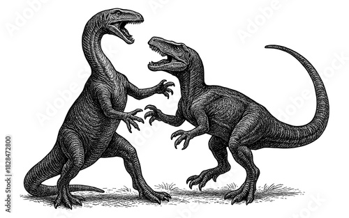 Intricate dinosaur battle scene featuring two predatory dinosaurs engaged in combat