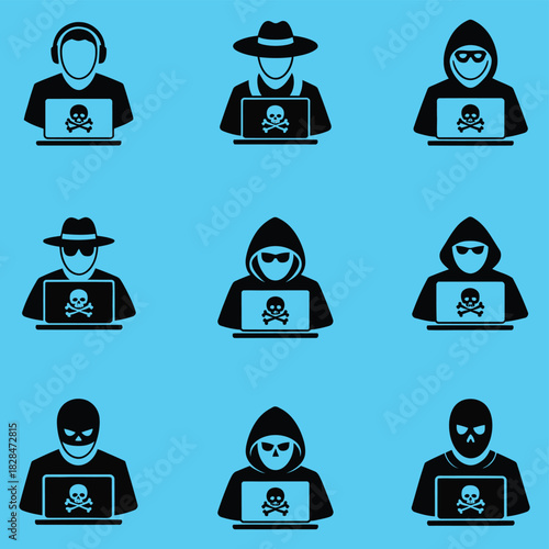 hacker black flat icon set, including phishing, cyber attack, spam call, fake website, and online fraud symbols, perfect for cybersecurity illustrations, digital protection visuals, and technology.