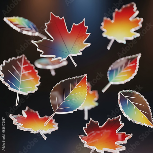 Holographic autumn leaves with vibrant rainbow colors on a dark background