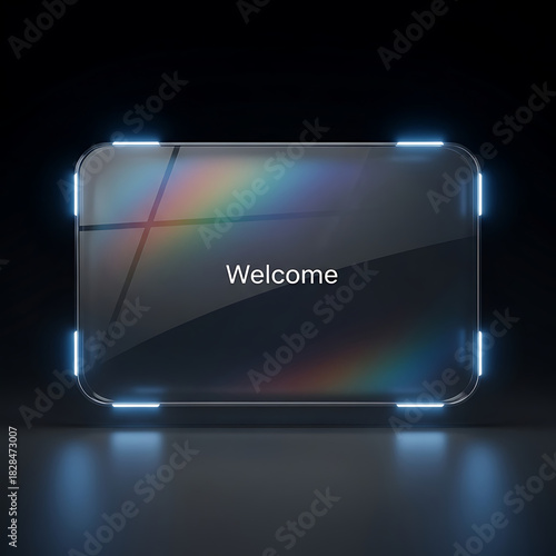 Digital welcome message on a sleek transparent display with blue light
