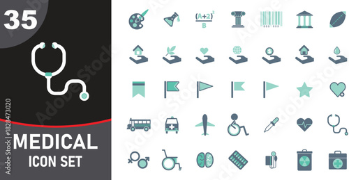 Diverse Medical and General Icon Set with Stethoscope and Various Symbols