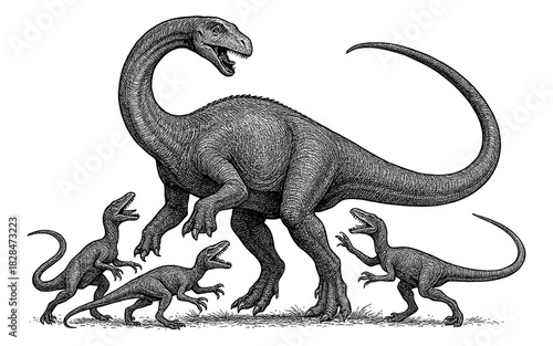 Detailed black and white dinosaur scene with dinosaur and raptors