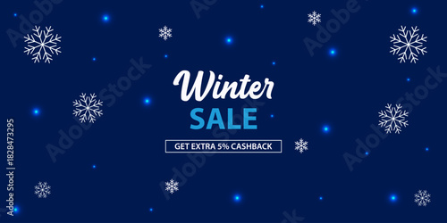Winter Sale Enjoy extra 5 cashback Deep blue backdrop with falling snowflakes twinkling lights and promotion sale offers