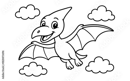 Cute cartoon pterodactyl flying in the clouds outline for kids' coloring activity