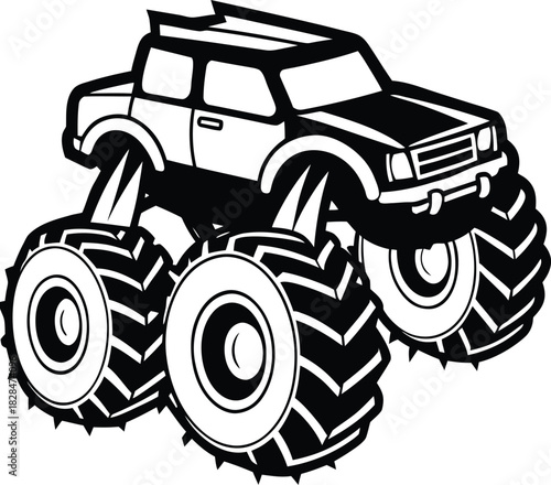 Monster Truck With Large Tires Black and White Keywords: monster truck, vehicle, off road