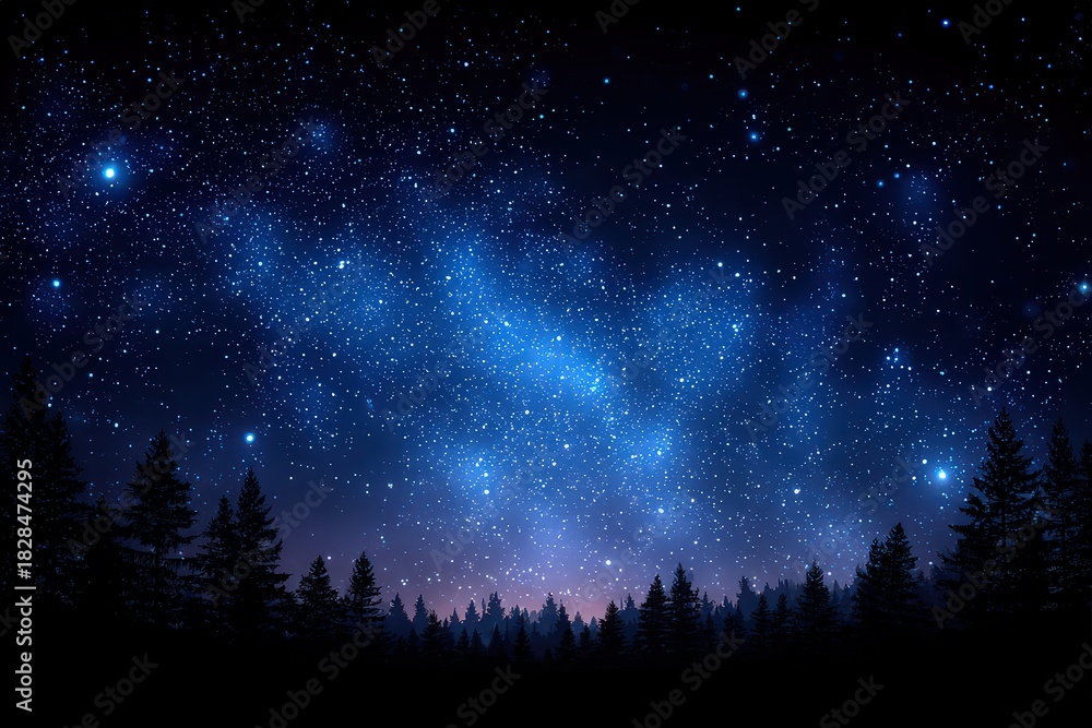 Fototapeta premium Dark Night Sky Over Forest Silhouette Blue And White Stars Glowing Background