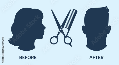 haircut transformation before and after illustration, featuring scissors, comb, and hair styling tools, perfect for salon, barber, beauty, and hairstyle design projects.