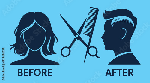 haircut transformation before and after, vector illustration showing scissors, comb, and hair styling process, ideal for hair salon branding, barber tutorials, beauty infographics, and makeover.