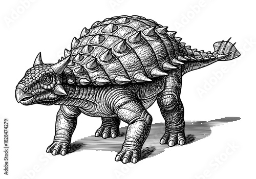 Detailed black and white engraving of an ankylosaurus dinosaur with spiked armor