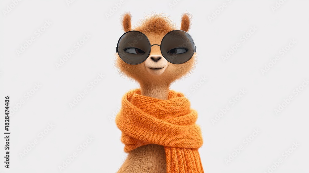 Obraz premium Cute llama in sunglasses and orange scarf