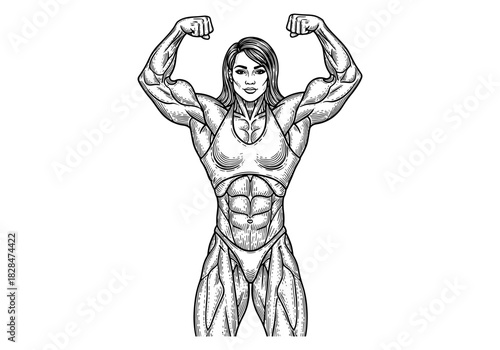 Strong woman flexing muscles in detailed ink drawing style