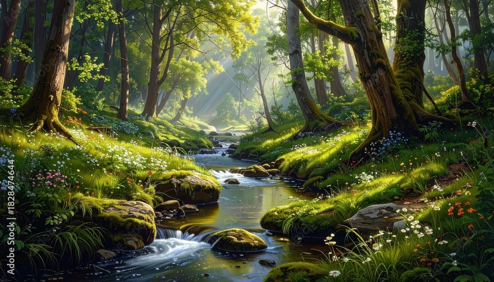 Obraz premium Sunlit forest with flowing stream—lush canopy, golden rays, vibrant flora—symbolizing tranquility, renewal, and the organic rhythm of nature’s embrace and peaceful immersion.