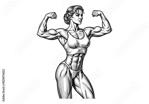 Detailed muscular woman in vintage engraving style flexing biceps