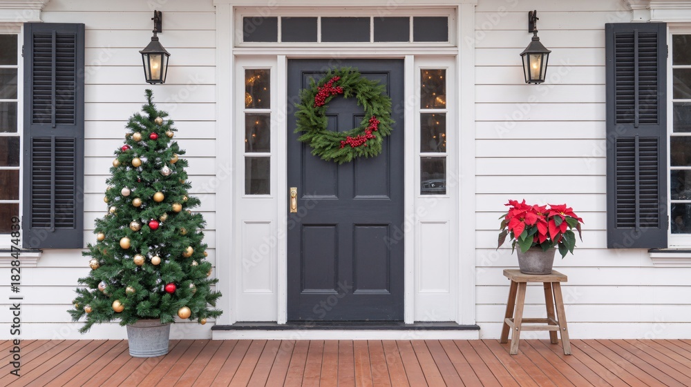 Fototapeta premium Welcome the holidays home with a charming Christmas tree and festive front door decor