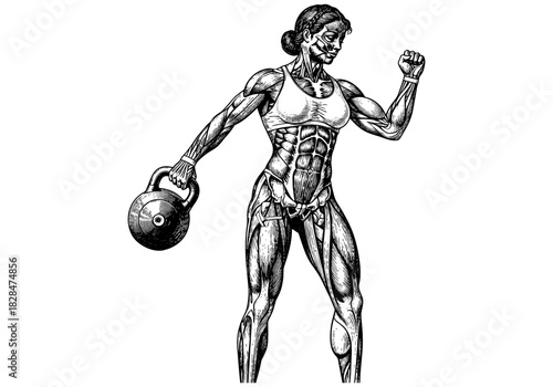 Intricate anatomy illustration of female athlete training with kettlebell