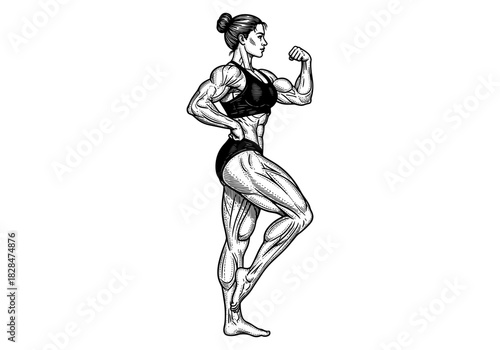 Detailed black and white athletic female bodybuilding pose with muscular definition