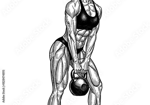 Detailed sketch of female bodybuilder lifting kettlebell in black and white