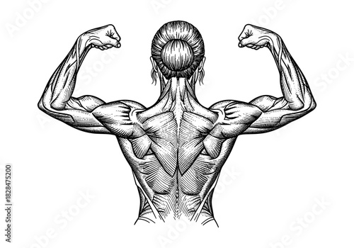 Detailed monochrome back view of muscular person flexing biceps: fitness and strength concept