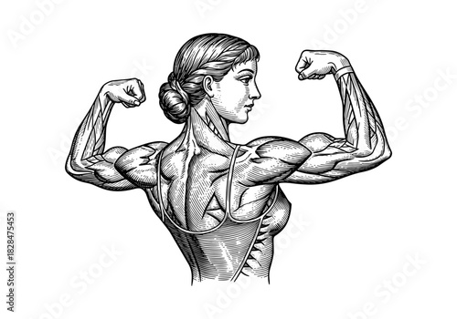 Vintage muscle woman showing strength in detailed engraving style