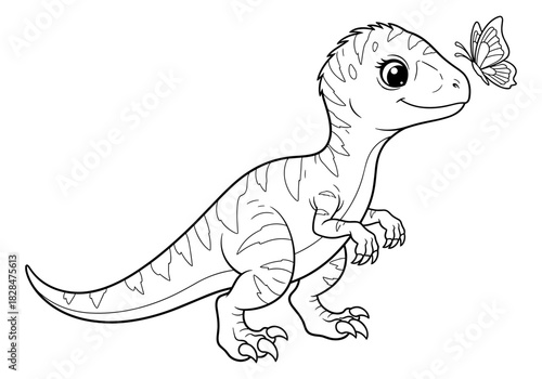 Cute dinosaur and butterfly outline design for kids coloring pages
