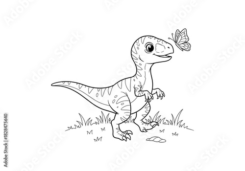 Cute dinosaur with butterfly: black and white cartoon for kids’ coloring