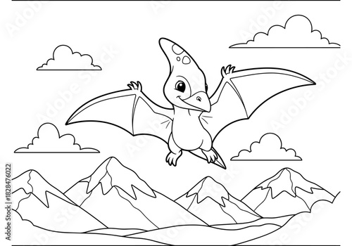 Cute cartoon pterodactyl flying over mountains in black and white coloring page