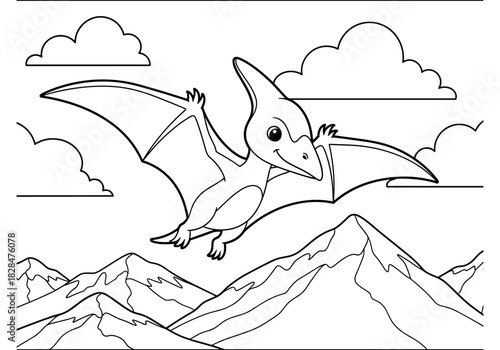 Playful pterodactyl soaring over mountain landscape in black and white line art