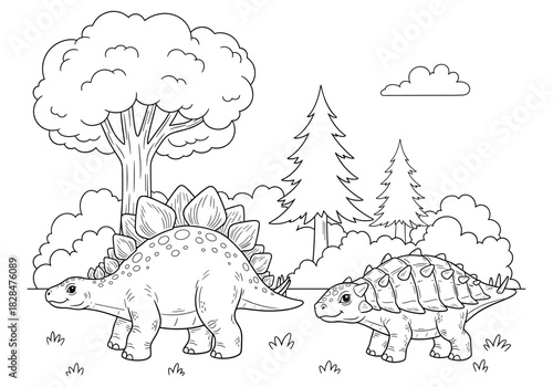 Dinosaur coloring page: stegosaurus and ankylosaurus in prehistoric forest landscape