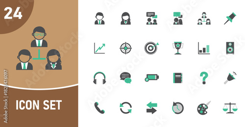 Twenty Four Business and Communication Icons in Gray and Teal Color Scheme