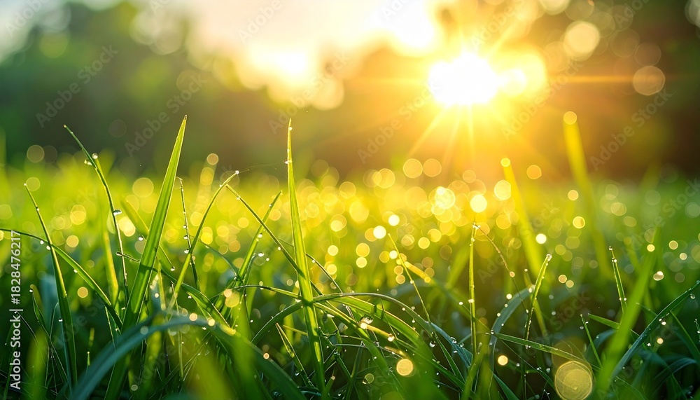 Obraz premium Close-up of green grass blades with dew drops—bathed in warm morning sunlight and golden bokeh—symbolizing freshness, tranquility, and the delicate rhythm of nature’s early light.