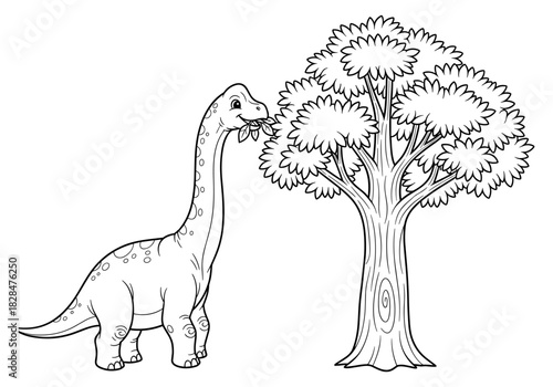 Cute dinosaur eating leaves from a tall tree in a black and white line art style
