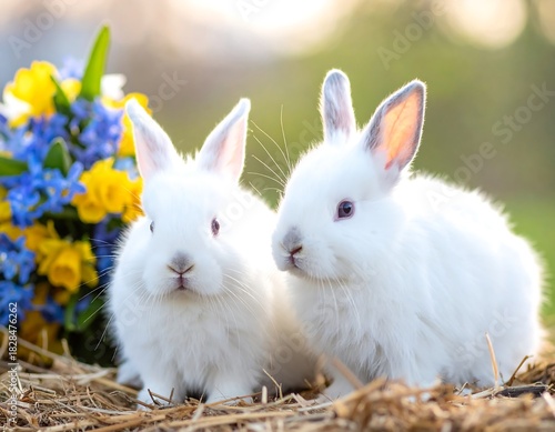 Two fluffy white bunnies sit near spring flowers in soft light, on hay