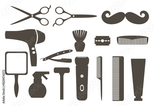 Barber and Hair Salon Tools Set. Scissors, Comb, and Hair Styling Equipment Vector Collection