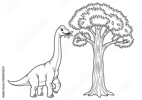 Brachiosaurus eating leaves line art illustration with tree