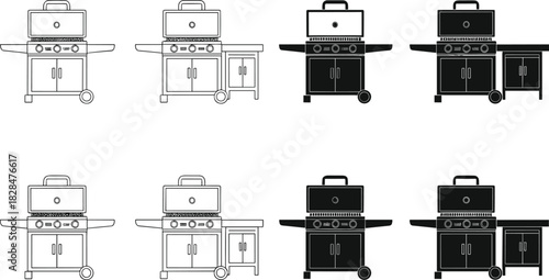 Tripod barbecue silhouette—black vector of eight people socializing around suspended grill with fire basin