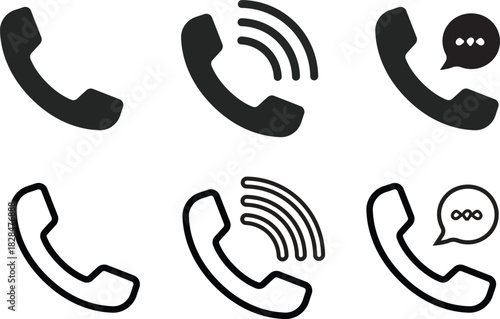A versatile group of bold phone and device icons showing call activity, wireless connection waves, message notifications, internet symbols, and compact smartphone shapes perfect for applications, web 