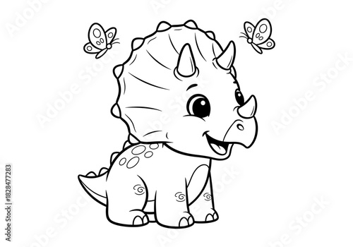 Cute cartoon triceratops with butterflies for coloring pages