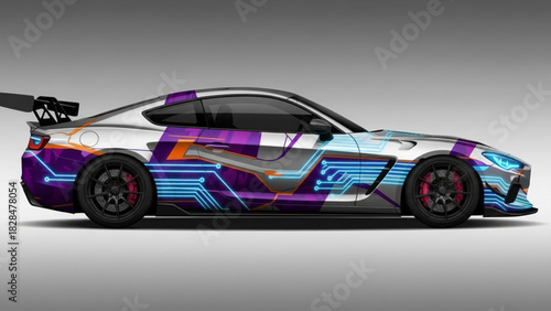 Side profile of a modern sports car featuring a futuristic, high-tech circuit board vinyl wrap design in purple, blue, and orange.
