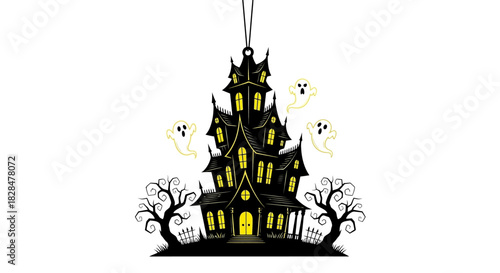 Vector illustration of a spooky haunted house ornament with glowing windows and cute ghosts for Halloween