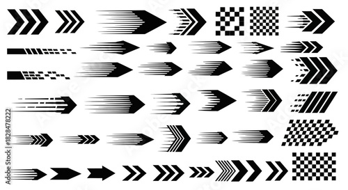 A versatile collection of black motion arrow icons. Set of dynamic graphic elements indicating speed, direction, and fast movement