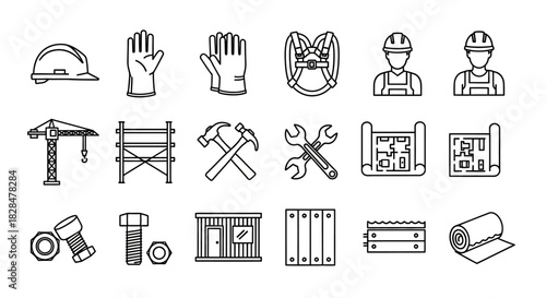 Set of construction and building industry line icons. Vector symbols for engineering, architecture, tools, and safety equipment